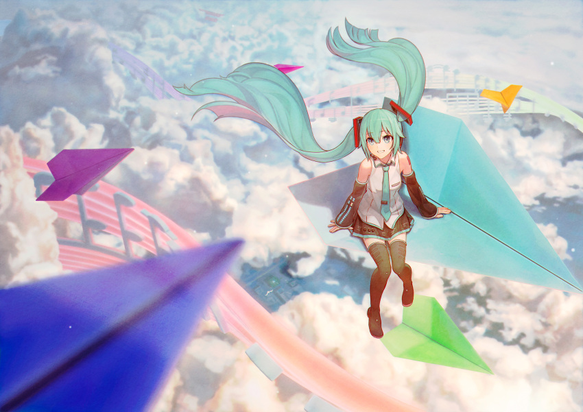 1girl aqua_hair aqua_necktie bare_shoulders bird black_footwear black_skirt black_sleeves blue_eyes boots clouds cloudy_sky collared_shirt commentary_request detached_sleeves from_above full_body hair_between_eyes hair_ornament hatsune_miku headset highres long_hair musical_note necktie paper_airplane parted_lips project_sekai shirt shoulder_tattoo sitting skirt sky sleeveless sleeveless_shirt smile solo tattoo thigh_boots turu twintails very_long_hair vocaloid white_shirt wide_sleeves zettai_ryouiki