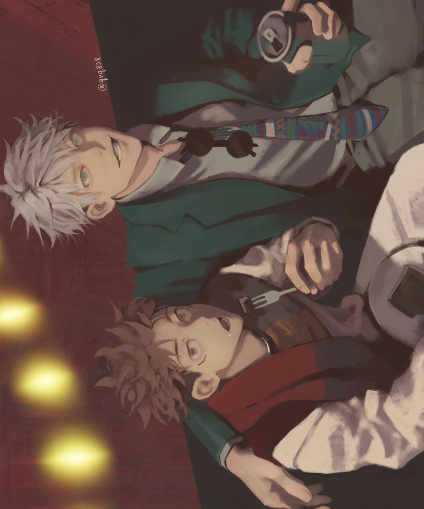 2boys blue_hair blurry can coat collared_coat depth_of_field fork gojou_satoru green_coat highres holding holding_can holding_fork itadori_yuuji jujutsu_kaisen looking_at_viewer male_focus multiple_boys open_mouth parted_lips qxq_illus red_background single_arm_hug smile twitter_username white_hair