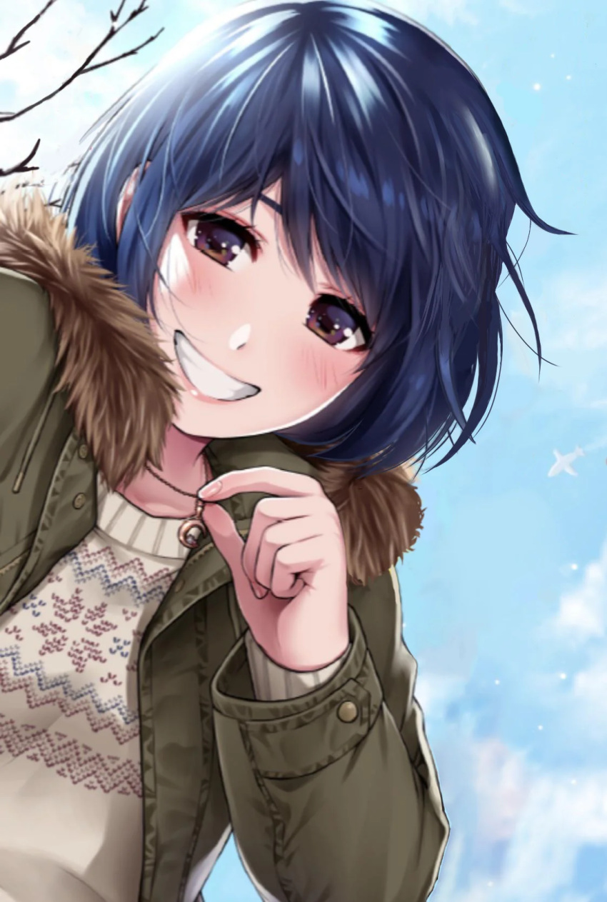 1girl :d adjusting_necklace aircraft airplane blue_hair blue_sky blush bob_cut brown_eyes clouds coat contrail cover cover_page domestic_na_kanojo eyelashes fur-trimmed_coat fur_trim green_coat grin highres hood hood_down jewelry knit_sweater long_sleeves looking_at_viewer manga_cover messy_hair necklace non-web_source official_art open_clothes open_coat outdoors parted_lips pendant sasuga_kei short_hair sky smile sweater tachibana_rui textless_version tree upper_body white_sweater wind winter_clothes