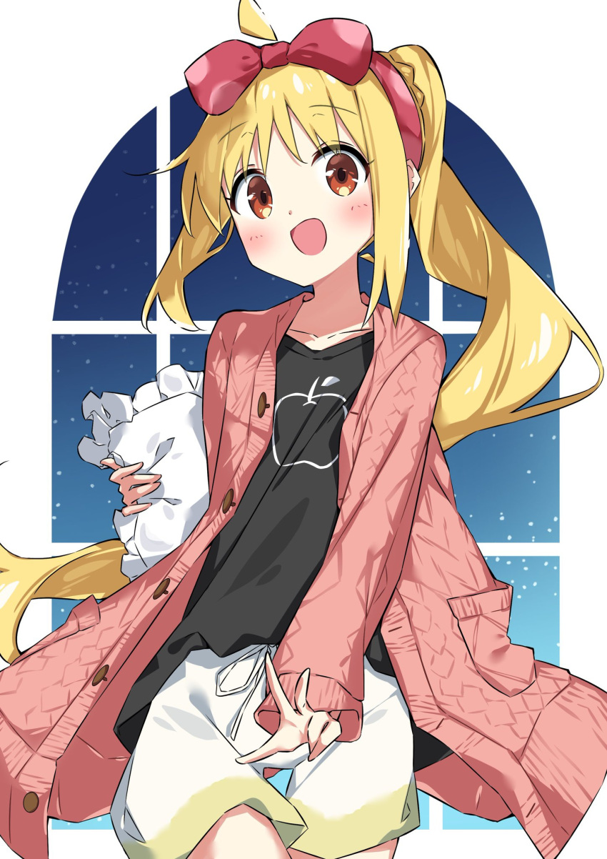 1girl :d ahoge black_shirt blonde_hair blush bocchi_the_rock! bow braid brown_eyes commentary_request frilled_pillow frills hair_bow hairband highres holding holding_pillow ijichi_nijika jacket long_hair long_sleeves looking_at_viewer open_clothes open_jacket pillow pink_jacket red_bow red_hairband shirt short_shorts shorts side_ponytail sidelocks sleeves_past_wrists smile solo suta0822 very_long_hair white_shorts window
