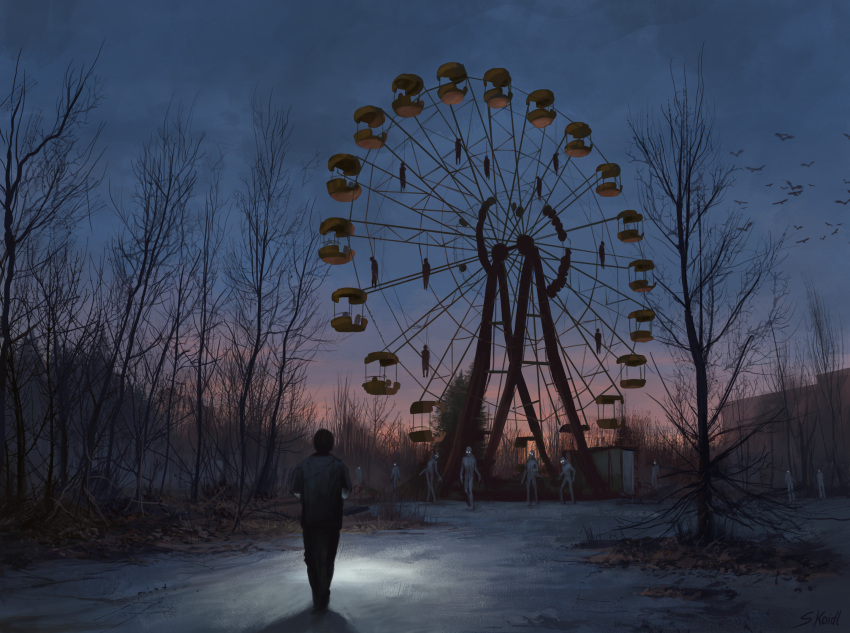 6+others bare_tree building creature dusk ferris_wheel from_behind glowing glowing_eyes hanged highres holding holding_light_source implied_light_source multiple_others original outdoors scenery standing stefan_koidl tree