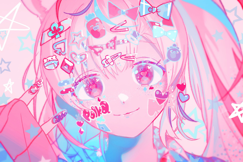 1girl animal_ears bow close-up closed_mouth fox_ears fox_girl hair_bow hair_ornament hairclip hand_up heart heart-shaped_pupils hexagram highres hololive limited_palette looking_at_viewer multicolored_hair multiple_hair_bows multiple_hairpins nail_art nail_polish neon_palette official_alternate_costume official_alternate_hairstyle omaru_polka omaru_polka_(4th_costume) portrait side_ponytail sidelocks simple_background sleeves_past_wrists smile solo sticker_on_face streaked_hair symbol-shaped_pupils tapitapi_natako virtual_youtuber
