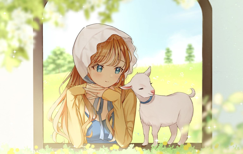 1girl animal blue_eyes blurry blurry_foreground blush bonnet brown_hair day elbow_rest goat head_rest long_hair long_sleeves original outdoors own_hands_together ribbon sakunagita sleeves_past_wrists smile solo tree window
