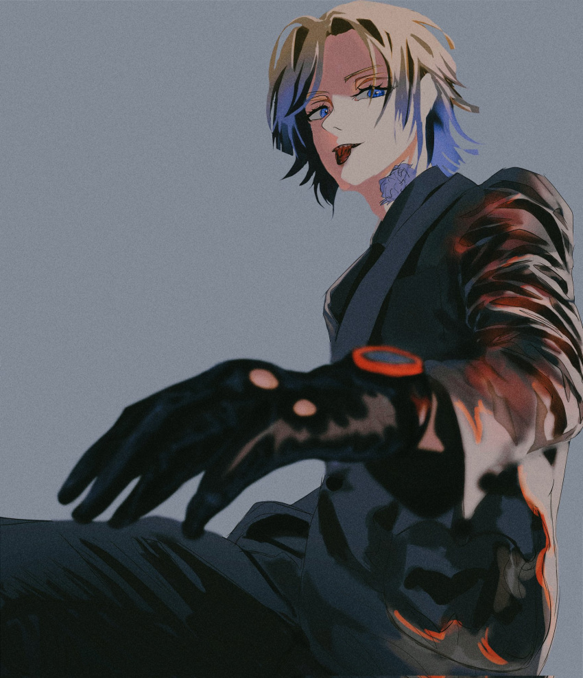1boy alternate_costume asave black_gloves blonde_hair blue_eyes blue_hair blue_lock commentary english_commentary gloves gradient_hair highres long_sleeves male_focus michael_kaiser multicolored_hair neck_tattoo sideways_glance simple_background solo tattoo teeth watch watch