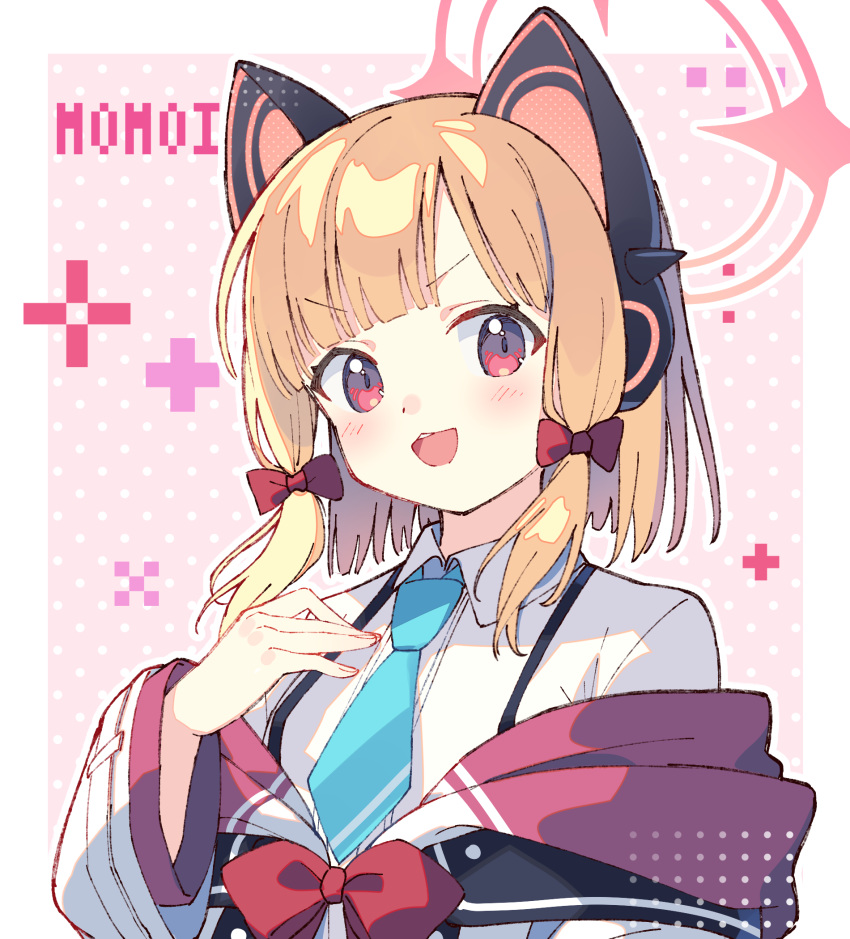 1girl :3 animal_ear_headphones animal_ears blonde_hair blue_archive blue_necktie blush bow cat_ear_headphones character_name collared_shirt commentary dress_shirt fake_animal_ears hair_bow halo hand_on_own_chest head_tilt headphones highres jacket looking_at_viewer momoi_(blue_archive) necktie off_shoulder open_mouth pink_bow pink_eyes red_bow school_uniform shirt sidelocks smile solo teeth upper_body upper_teeth_only white_shirt wide_sleeves zoirun