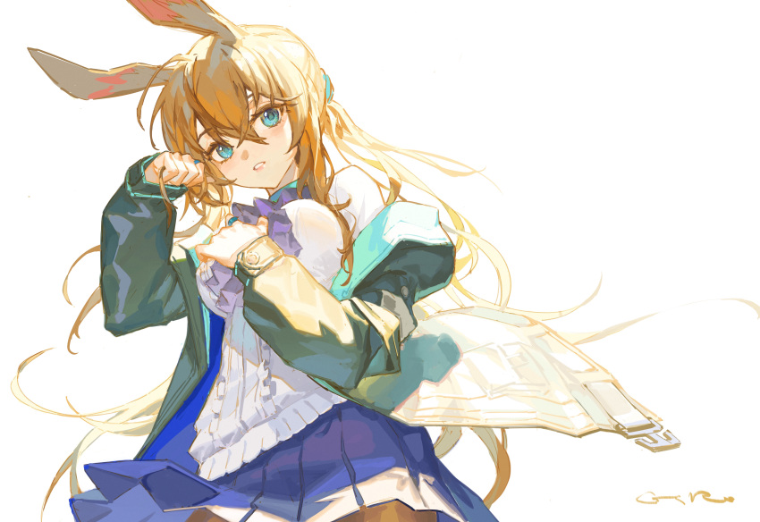 1girl absurdres amiya_(arknights) animal_ears arknights ascot blue_collar blue_eyes blue_jacket blue_skirt brown_pantyhose collar commentary_request cowboy_shot hands_up highres jacket long_hair long_sleeves looking_at_viewer open_clothes open_jacket pantyhose parted_lips purple_ascot rabbit_ears rui_(gsr1982) signature simple_background skirt solo sweater very_long_hair white_background white_sweater