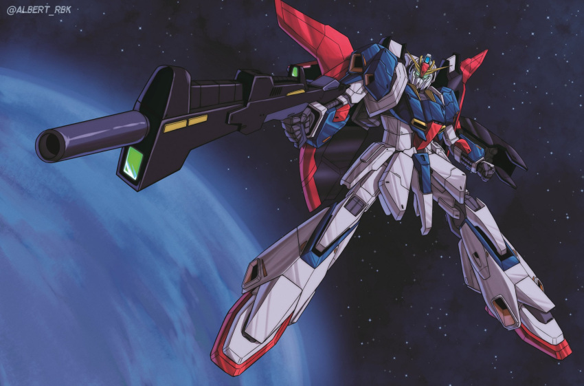 aiming albert_rbk beam_rifle clenched_hand commentary energy_gun english_commentary foreshortening glowing glowing_eyes green_eyes gun gundam highres holding holding_gun holding_weapon legs_apart mecha mobile_suit no_humans planet robot science_fiction solo space star_(sky) twitter_username v-fin weapon zeta_gundam zeta_gundam_(mobile_suit)