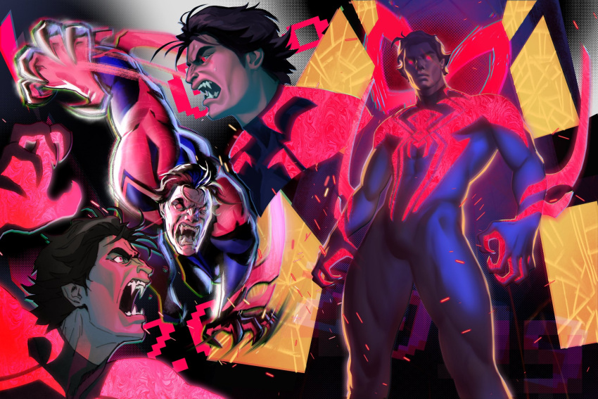 1boy black_hair blue_bodysuit bodysuit closed_mouth dark-skinned_male dark_skin fangs fangs_out glowing glowing_eyes highres male_focus marvel miguel_o'hara multiple_views muscular muscular_male open_mouth red_bodysuit red_eyes short_hair spider-man:_across_the_spider-verse spider-man_(2099) spider-man_(series) sweetlychii two-tone_bodysuit