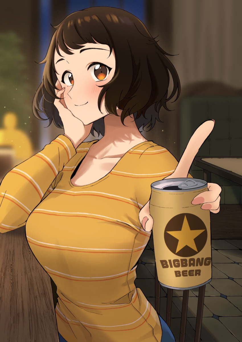 1girl beer_can blurry blurry_background blush breasts brown_hair can closed_mouth collarbone counter elbow_rest highres holding holding_can index_finger_raised kawakami_sadayo koyuki0125k large_breasts light_particles long_sleeves looking_at_viewer orange_shirt persona persona_5 shirt smile solo striped striped_shirt