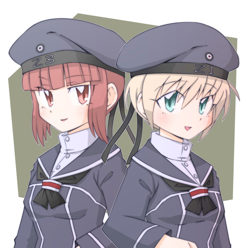 2girls back-to-back black_neckerchief blonde_hair blue_dress blue_eyes blue_headwear blue_sailor_collar blunt_bangs breasts brown_hair clothes_writing commentary_request dress hat highres kantai_collection multiple_girls neckerchief red_eyes sailor_collar sailor_dress sailor_hat shin_(shin_k009) short_hair small_breasts upper_body z1_leberecht_maass_(kancolle) z3_max_schultz_(kancolle)