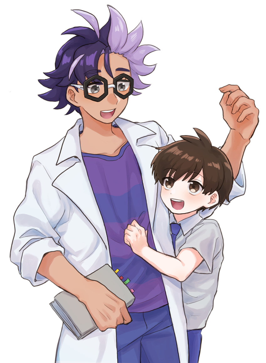 2boys :d black-framed_eyewear brown_eyes brown_hair coat commentary_request florian_(pokemon) glasses highres jacq_(pokemon) male_focus mochi_(mocchi_p_2m) multiple_boys necktie open_clothes open_coat open_mouth pants pokemon pokemon_(game) pokemon_sv purple_shirt shirt short_hair short_sleeves smile teeth upper_teeth_only white_coat