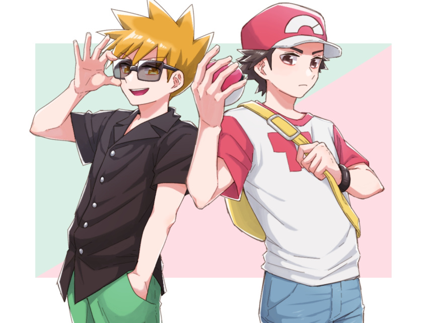 2boys :d adjusting_eyewear backpack bag blue_oak brown_hair buttons closed_mouth collared_shirt commentary_request green_pants hand_in_pocket hand_up hat holding_strap male_focus mochi_(mocchi_p_2m) multiple_boys open_mouth pants pink_headwear pokemon pokemon_(game) pokemon_sm red_(pokemon) shirt short_hair short_sleeves smile spiky_hair sunglasses teeth upper_teeth_only yellow_bag