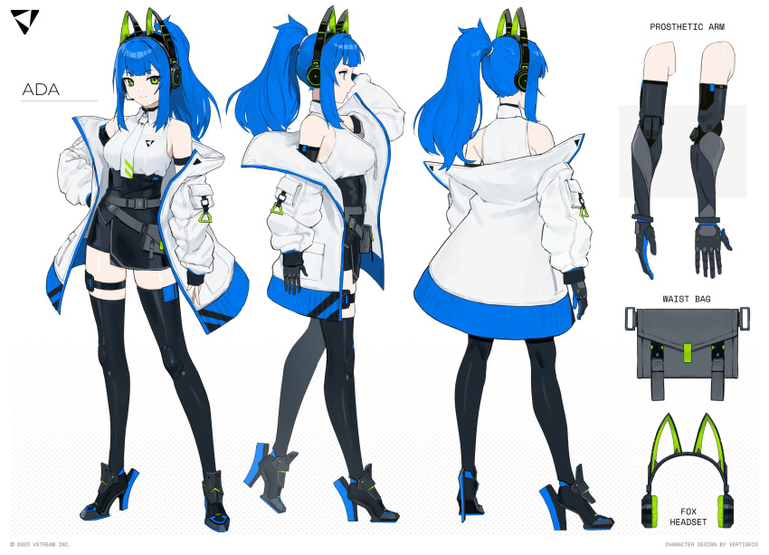 1girl black_footwear black_thighhighs blue_hair blunt_bangs character_request cherry_blossoms coat collared_shirt copyright_request green_eyes headset high_heels highres long_hair long_sleeves looking_at_viewer necktie ponytail shirt sleeveless sleeveless_shirt smile solo thigh-highs vertigris virtual_youtuber white_coat white_necktie white_shirt