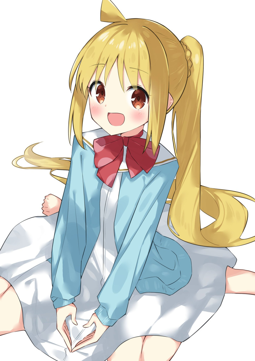 1girl :d ahoge barefoot blonde_hair blue_jacket bocchi_the_rock! bow braid brown_eyes commentary_request dress highres ijichi_nijika jacket long_hair looking_at_viewer open_clothes open_jacket red_bow sailor_collar sailor_dress side_ponytail sidelocks simple_background sitting smile solo suta0822 very_long_hair wariza white_background white_dress white_sailor_collar