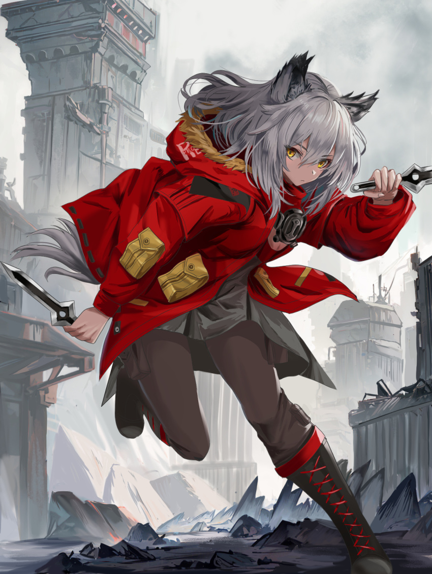 1girl animal_ear_fluff animal_ears arknights black_footwear boots brown_pants building closed_mouth clouds cloudy_sky commentary_request cross-laced_footwear dagger day dual_wielding fur-trimmed_hood fur_trim grey_hair grey_skirt hair_between_eyes highres holding holding_dagger holding_knife holding_weapon hood hood_down hooded_jacket jacket knife lace-up_boots long_sleeves outdoors pants projekt_red_(arknights) red_jacket skirt sky solo standing standing_on_one_leg tail tobi_(mylifekei) weapon yellow_eyes