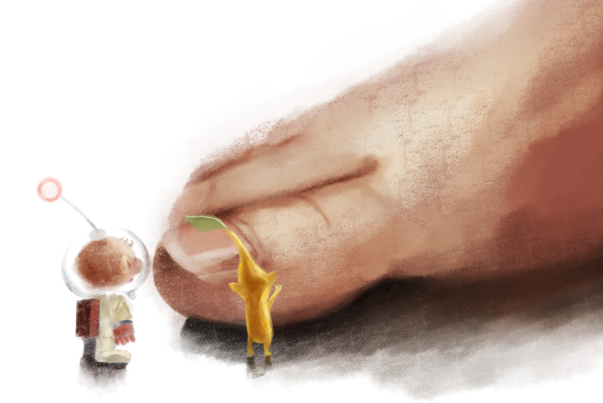 absurdres backpack bag big_nose brown_hair feet foot_focus from_behind gloves helmet highres iat-418 leaf looking_at_object olimar pikmin pikmin_(series) pointy_ears radio_antenna red_bag red_gloves space_helmet spacesuit tiny whistle yellow_pikmin