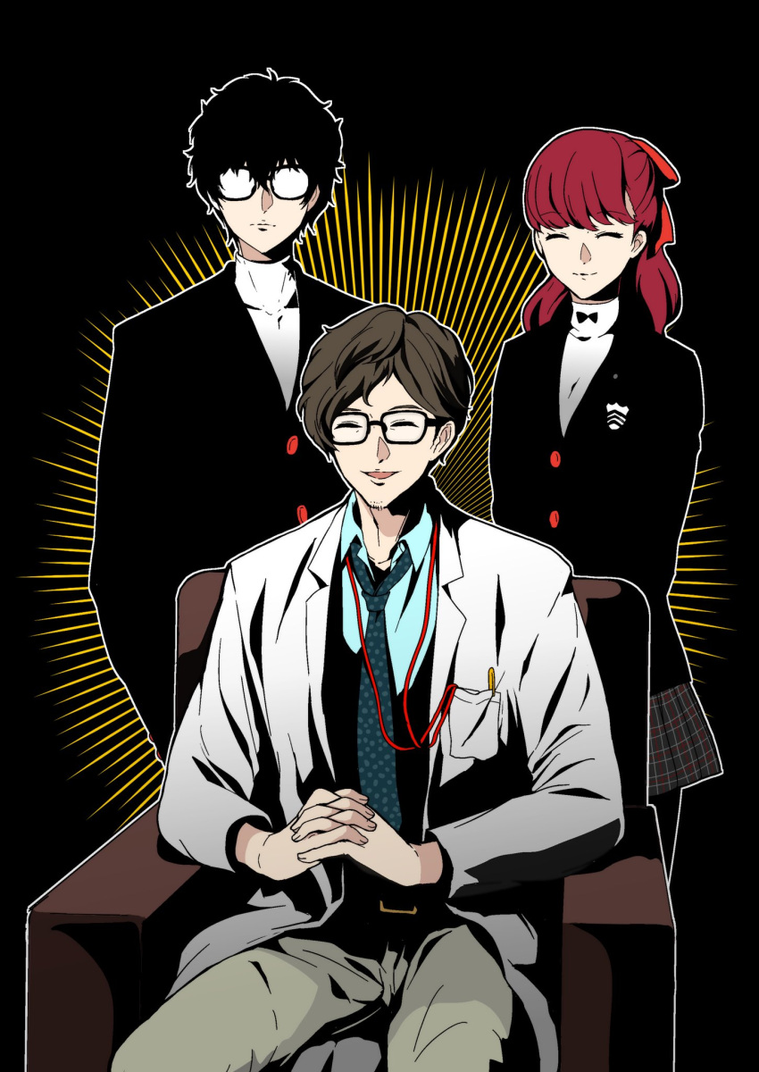 1girl 2boys amamiya_ren black_hair black_jacket bow brown_hair chair closed_eyes closed_mouth glasses hair_between_eyes hair_bow highres igusaharu jacket lab_coat maruki_takuto multiple_boys necktie opaque_glasses open_mouth pants persona persona_5 persona_5_the_royal plaid plaid_skirt red_bow redhead school_uniform shirt shuujin_academy_school_uniform simple_background sitting skirt yoshizawa_kasumi