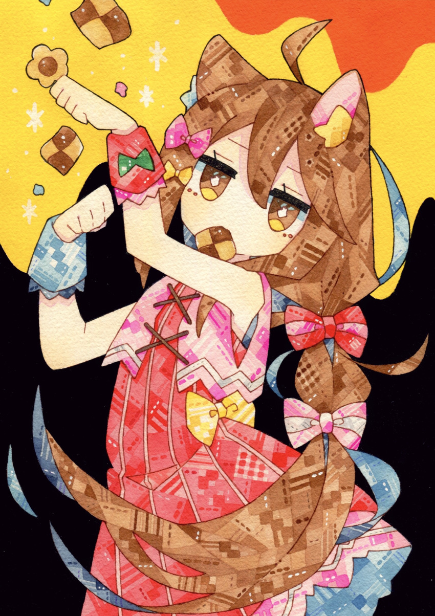 1girl absurdres ahoge animal_ear_fluff animal_ears bare_shoulders black_background bow brown_eyes brown_hair cat_ears cat_girl checkerboard_cookie commentary_request cookie cowboy_shot dress food food_in_mouth hair_between_eyes hair_bow hands_up highres jitome long_hair looking_at_viewer lupin_strawberry mouth_hold multicolored_background no_nose orange_background original painting_(medium) paper_texture patterned_clothing patterned_hair pink_bow ponytail red_bow red_dress sleeveless sleeveless_dress solo sparkle standing traditional_media very_long_hair watercolor_(medium) wrist_cuffs yellow_background yellow_bow