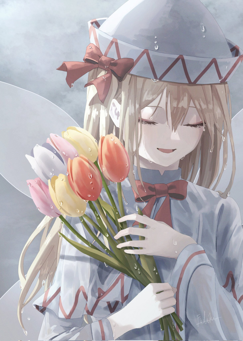 1girl artist_name blonde_hair capelet closed_eyes dress fairy fairy_wings flower fuduki. hair_between_eyes hat highres holding holding_flower lily_white long_hair long_sleeves open_mouth pink_flower red_flower signature solo touhou upper_body wet white_capelet white_dress white_flower white_headwear wings yellow_flower
