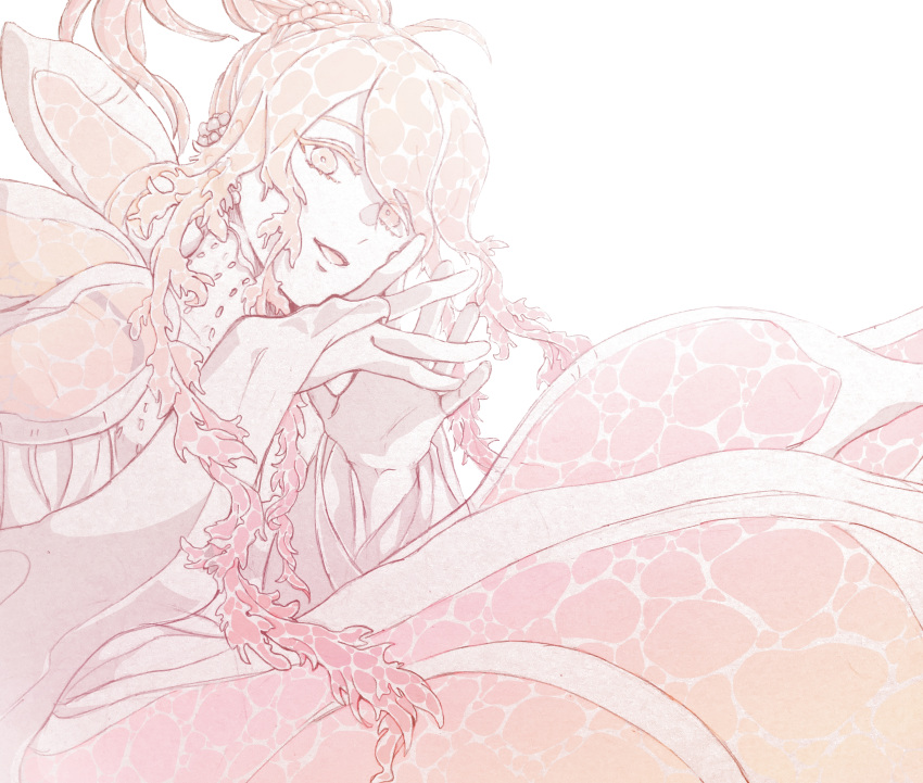 1girl absurdres beads breasts bridal_gauntlets caustics hair_beads hair_ornament hands_up highres houseki_no_kuni long_hair looking_at_viewer monochrome monster_girl mt5_014 own_hands_together pink_theme ponytail simple_background slug_girl smile solo submerged swept_bangs tentacle_hair upper_body ventricosus