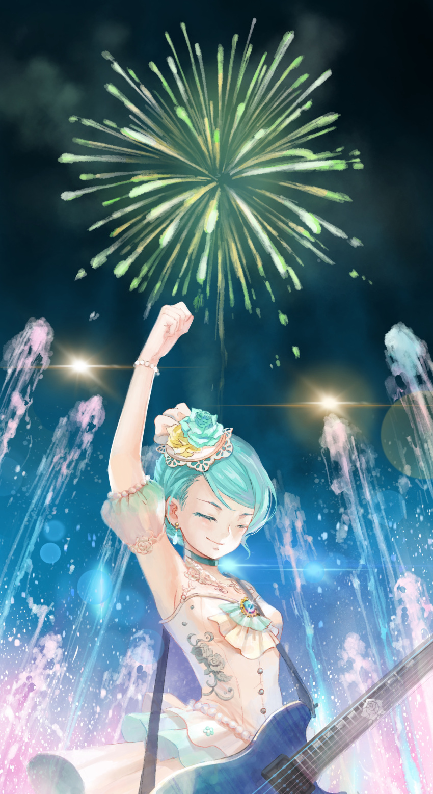 1girl absurdres aerial_fireworks arm_up armpits bang_dream! blue_flower blue_hair blue_rose buttons choker closed_eyes dangle_earrings detached_sleeves earrings eyelashes fireworks flower fountain guitar highres hikawa_sayo holding holding_instrument instrument jewelry nichiju_(you) puffy_detached_sleeves puffy_sleeves rose smile solo