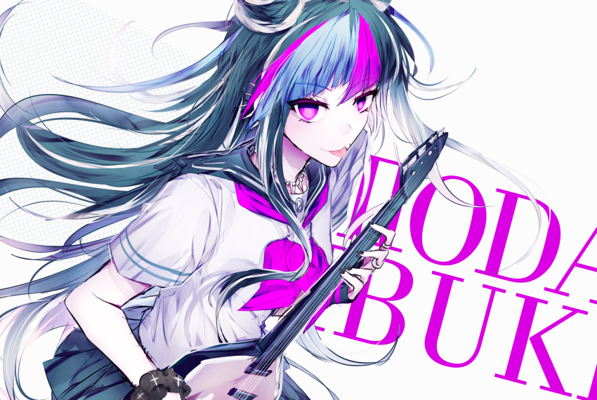 1girl black_hair black_sailor_collar black_scrunchie blue_hair character_name danganronpa_(series) danganronpa_2:_goodbye_despair guitar hair_horns highres holding holding_instrument instrument long_hair mioda_ibuki mouth_piercing multicolored_hair neckerchief piercing pink_eyes pink_hair pink_neckerchief sailor_collar school_uniform scrunchie serafuku shirt short_sleeves simple_background smile solo t_(ax27) tongue tongue_out white_background white_hair white_shirt wrist_scrunchie