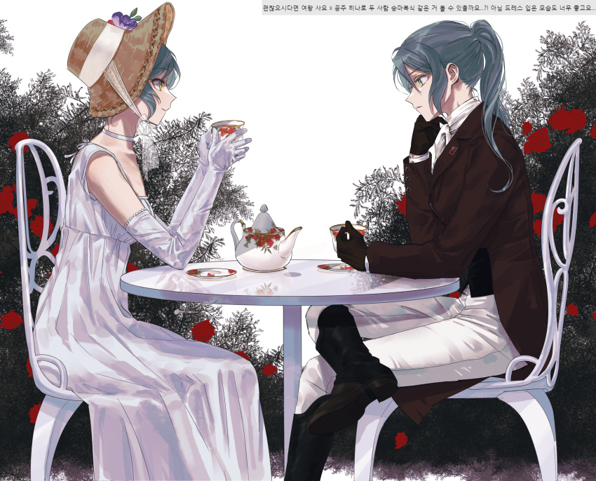 absurdres aqua_hair ascot bang_dream! black_footwear black_gloves brown_headwear brown_jacket chair choker closed_mouth collared_shirt commentary cup dress elbow_gloves feet_out_of_frame flower formal gloves green_eyes hat hat_flower head_rest highres hikawa_hina hikawa_sayo holding holding_cup jacket korean_text long_hair long_sleeves pants ponytail red_flower red_rose rose rose_bush shirt short_hair sidelocks simple_background sitting smile table teapot translation_request white_ascot white_background white_choker white_dress white_gloves white_pants zihacheol