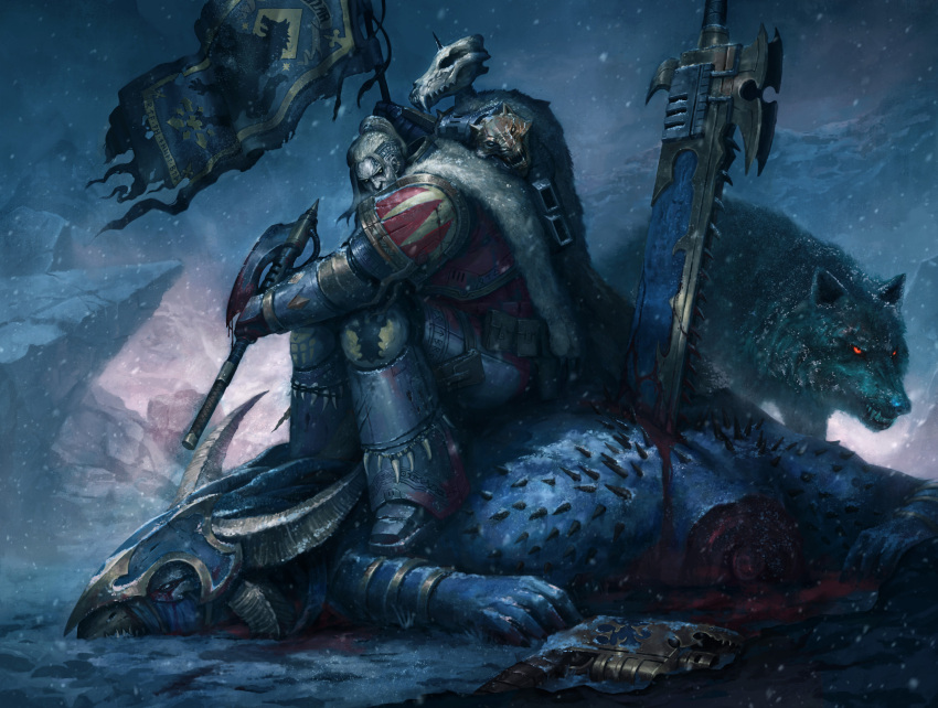 1boy absurdres armor armored_boots axe banner battle_axe blood blood_on_weapon bolter boots breastplate chainsword decapitation full_armor gauntlets glowing glowing_eyes greaves head_tattoo highres holding holding_weapon horns kheljay looking_at_viewer pauldrons power_armor shoulder_armor shoulder_spikes skull space_wolves spikes sword tattoo teeth vambraces warhammer_40k weapon wolf yellow_eyes