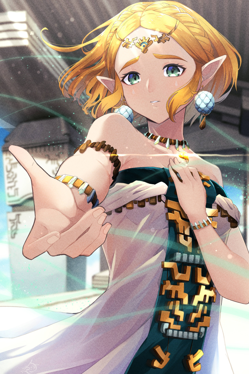 1girl absurdres aqua_eyes armlet blonde_hair bracelet braid circlet commentary crown_braid dress earrings hand_on_own_chest highres jewelry looking_at_viewer magatama magatama_necklace necklace nekochu_(masamura38b) pointy_ears princess_zelda reaching reaching_towards_viewer short_hair sidelocks solo strapless strapless_dress the_legend_of_zelda the_legend_of_zelda:_tears_of_the_kingdom white_dress