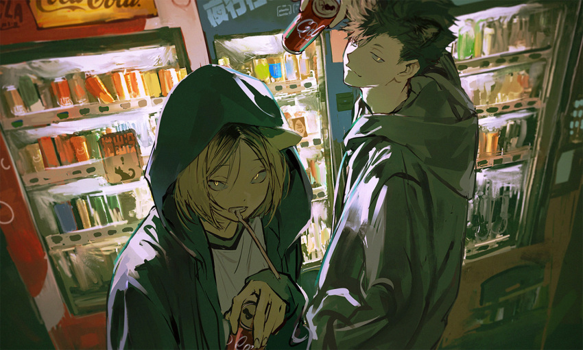 2boys black_hair can closed_eyes coca-cola drinking_straw drinking_straw_in_mouth glowing glowing_eyes haikyuu!! holding holding_can hood hood_up hoodie huangdanlan kozume_kenma kuroo_tetsurou male_focus multiple_boys open_clothes open_hoodie upper_body vending_machine yellow_eyes