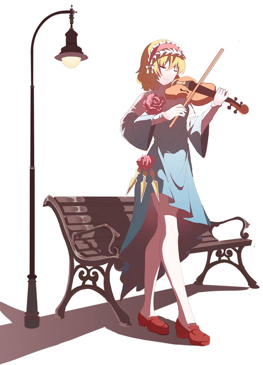 1girl alice_margatroid bench blonde_hair blue_dress bow_(music) chinese_commentary closed_eyes closed_mouth commentary_request dress frilled_hairband frills full_body hairband highres instrument lamppost long_sleeves nymphus red_hairband short_hair simple_background smile solo touhou violin white_background