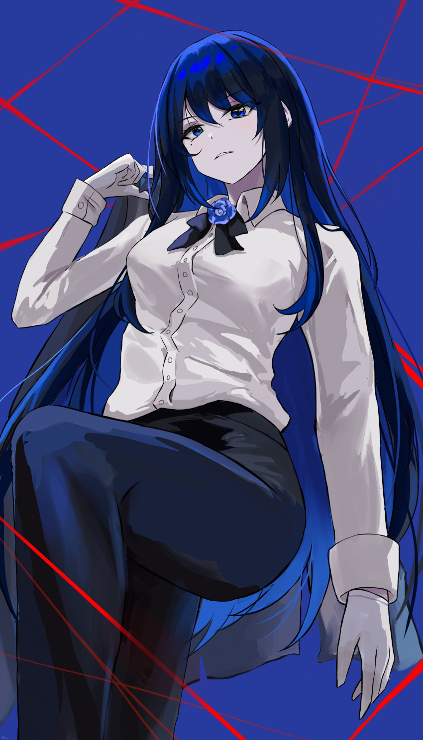 1girl absurdres ado_(singer) black_bow blue_background blue_eyes blue_flower blue_hair bow flower formal from_below gloves hair_between_eyes highres jacket long_hair long_sleeves looking_at_viewer mole mole_under_eye niconico open_mouth pant_suit pants real_life shirt solo suit white_shirt yato_(yama0x1)
