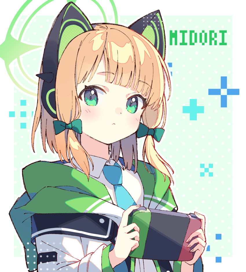 1girl :&lt; animal_ear_headphones animal_ears blonde_hair blue_archive blue_necktie blush bow cat_ear_headphones character_name collared_shirt commentary dress_shirt fake_animal_ears from_side green_bow green_eyes hair_bow halo handheld_game_console head_tilt headphones highres holding holding_handheld_game_console jacket looking_at_viewer midori_(blue_archive) necktie nintendo_switch playing_games school_uniform shirt sidelocks solo upper_body white_shirt wide_sleeves zoirun