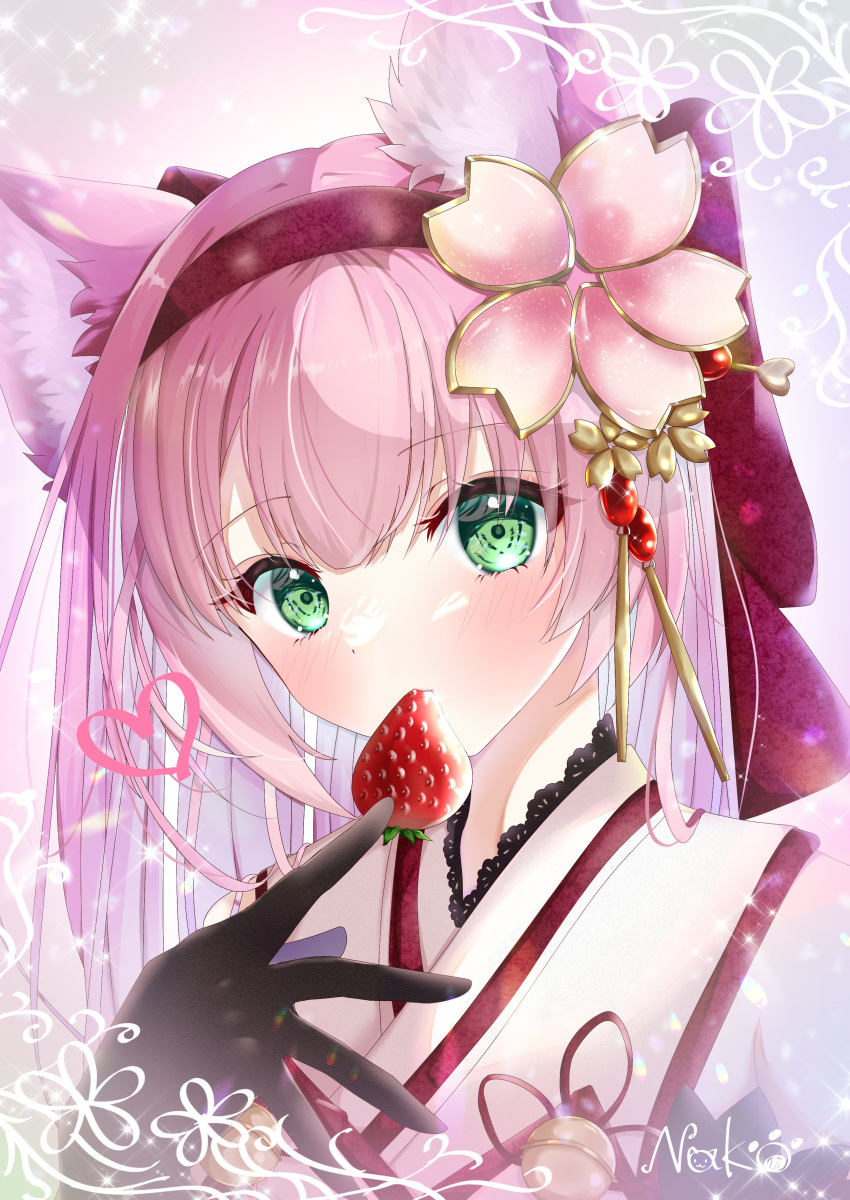 1girl absurdres animal_ear_fluff animal_ears azur_lane bell black_gloves food food_in_mouth fox_ears fruit gloves green_eyes hair_between_eyes hair_ornament hairband hanazuki_(azur_lane) heart highres japanese_clothes kimono long_hair looking_at_viewer nako_nya pink_hair red_hairband signature solo sparkle strawberry upper_body white_kimono