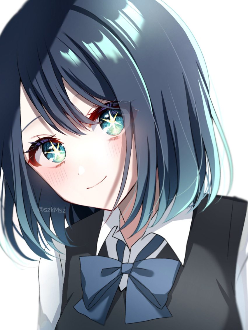 1girl black_vest blue_bow blue_bowtie blue_eyes blue_hair blush bow bowtie closed_mouth collared_shirt commentary_request gradient_hair hair_between_eyes highres kurokawa_akane light_blue_hair looking_at_viewer medium_hair multicolored_hair oshi_no_ko parted_bangs shade shirt simple_background smile solo star-shaped_pupils star_(symbol) symbol-shaped_pupils szmymsz twitter_username upper_body vest white_background white_shirt