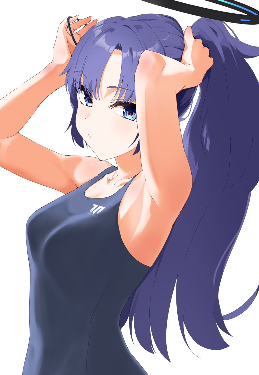 1girl armpits blue_archive blue_one-piece_swimsuit breasts halo highres isocha medium_breasts one-piece_swimsuit parted_bangs ponytail purple_hair red_pupils school_swimsuit simple_background solo swimsuit tying_hair violet_eyes white_background yuuka_(blue_archive)