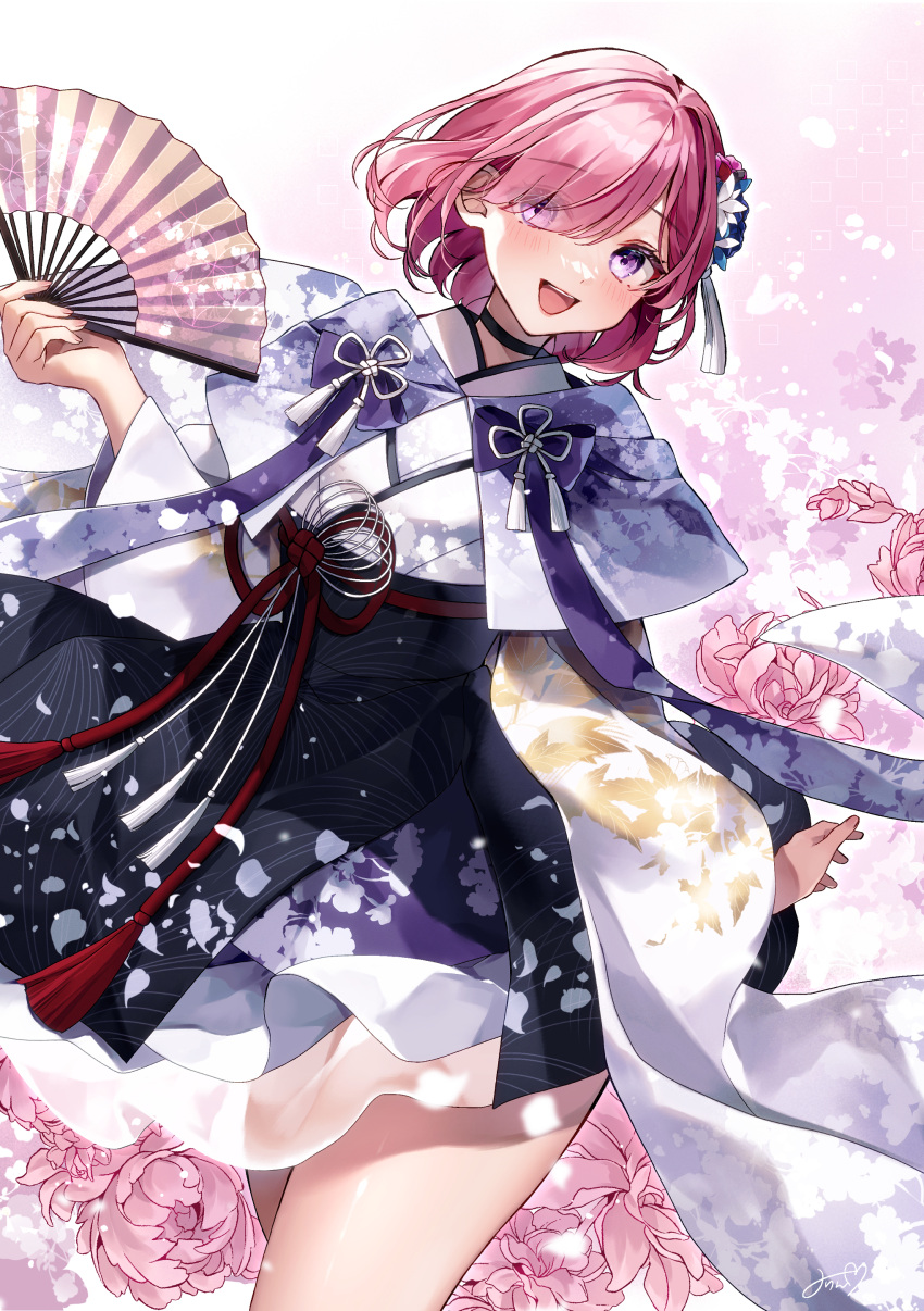 1girl absurdres alternate_costume blush commentary fate/grand_order fate_(series) floral_background flower folding_fan hair_flower hair_ornament hand_fan highres holding holding_fan japanese_clothes kimono light_purple_hair looking_at_viewer mash_kyrielight misaki346 open_mouth pink_flower signature smile solo thighs violet_eyes wide_sleeves