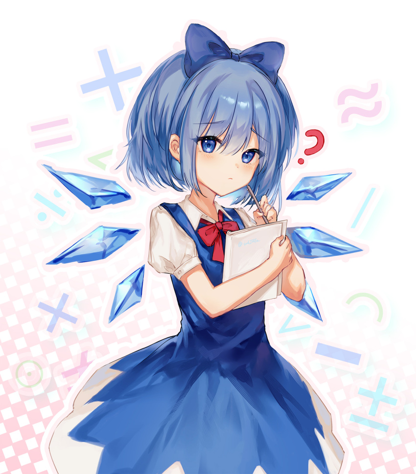 1girl ? blue_bow blue_dress blue_eyes blue_hair blush bow cirno closed_mouth collared_shirt detached_wings dress fairy hair_between_eyes hair_bow highres holding ice ice_wings ichita_(yixisama-shihaohaizhi) looking_at_viewer shirt short_hair short_sleeves solo touhou upper_body white_shirt wings