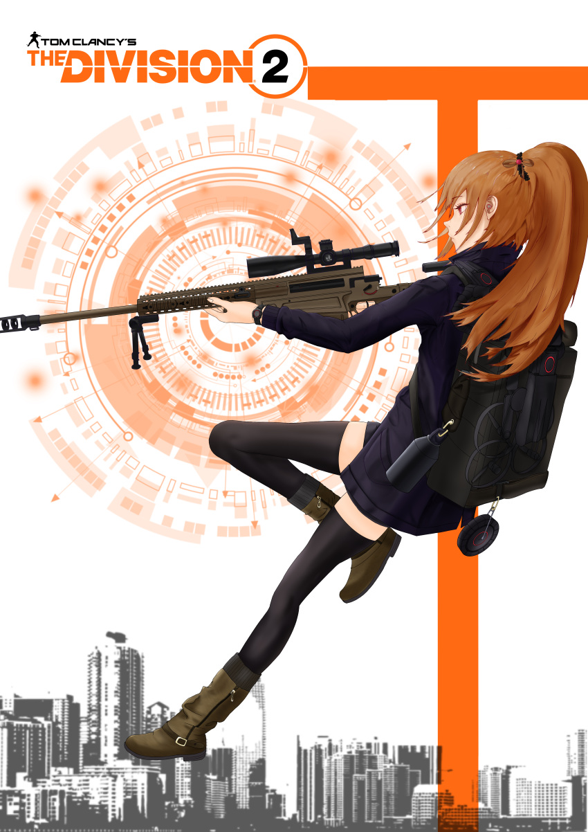 1girl absurdres ai_ax_rifle anti-materiel_rifle arrow_(symbol) backpack bag bipod black_bag black_footwear black_scrunchie black_thighhighs blue_jacket blue_shorts boots bottle brown_footwear brown_ribbon building chinese_commentary circle circular_border cityscape closed_mouth collared_jacket colored_text commentary_request copyright_name english_commentary from_side full_body gun hair_ornament hair_ribbon hair_scrunchie highres holding holding_gun holding_weapon jacket leaning_back leg_up logo long_sleeves looking_afar looking_to_the_side mengxin_v5 mixed-language_commentary multicolored_background muzzle_brake orange_background orange_hair original ponytail red_eyes ribbon rifle scope scrunchie shorts silhouette sniper_rifle solo thigh-highs tom_clancy's_the_division_2 two-tone_footwear watch watch water_bottle weapon white_background zipper zipper_footwear