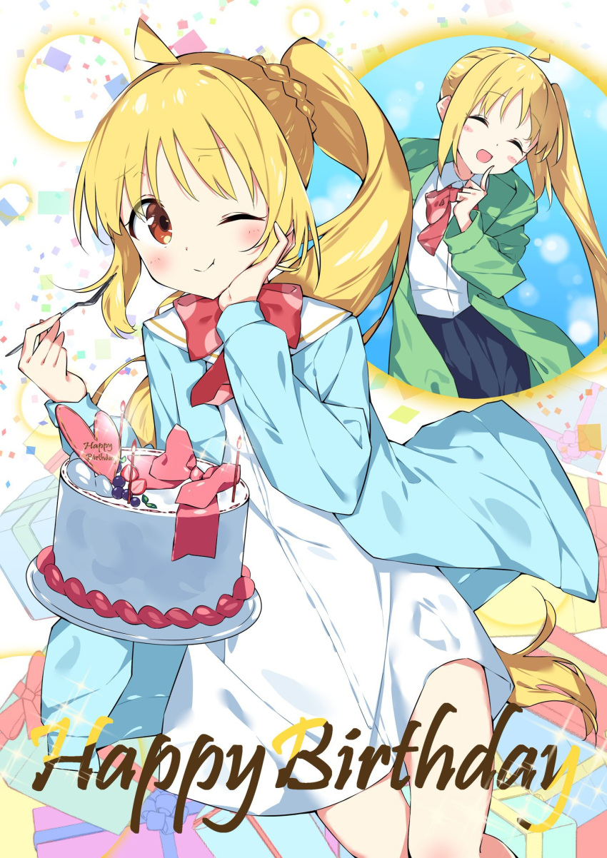 1girl :d ;) ^_^ ahoge birthday_cake blonde_hair blue_jacket blush bocchi_the_rock! bow braid brown_eyes cake closed_eyes collared_shirt commentary_request confetti dress dress_shirt food fork green_jacket hand_on_own_face hands_up happy_birthday highres holding holding_fork ijichi_nijika jacket long_hair multiple_views one_eye_closed open_clothes open_jacket red_bow sailor_collar sailor_dress shirt side_ponytail smile suta0822 very_long_hair white_background white_dress white_sailor_collar white_shirt
