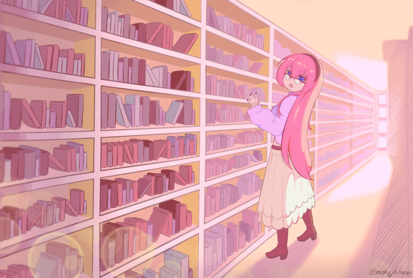 1girl blue_eyes book bookshelf boots breasts brown_footwear brown_hairband commentary full_body glasses hair_between_eyes hairband highres indoors large_breasts library long_hair long_skirt looking_to_the_side megurine_luka mokujhin open_mouth over-rim_eyewear pink_hair pink_shirt purple_nails red-framed_eyewear semi-rimless_eyewear shirt sidelocks skirt solo standing sunlight twintails vocaloid white_skirt