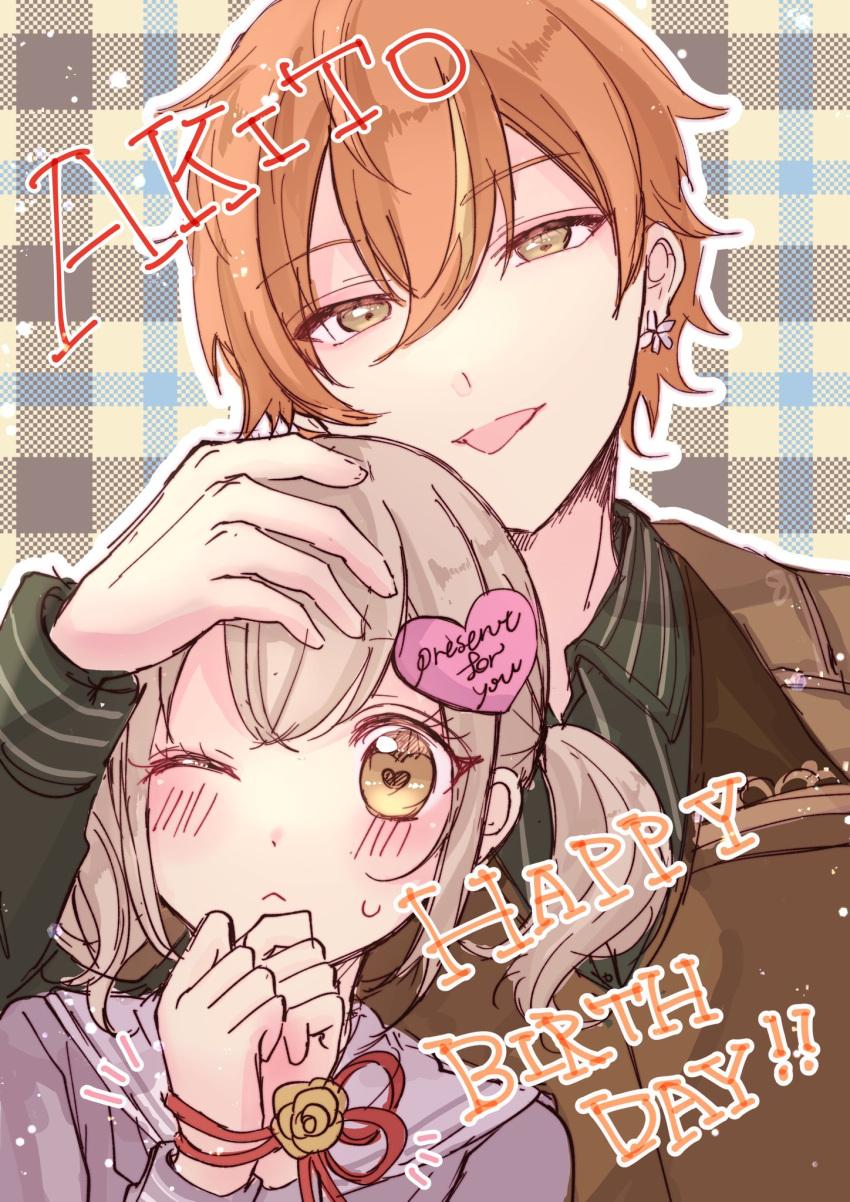 ! !! 1boy 1girl :&lt; azusawa_kohane blonde_hair blush bound bound_wrists brown_eyes brown_jacket character_name chocolate_ra closed_mouth collared_jacket collared_shirt colored_text commentary double-parted_bangs earrings english_text expressionless flower_earrings gradient_eyes grey_background grey_serafuku grey_shirt grey_stripes hair_between_eyes hair_ornament hand_on_another's_head heart heart_hair_ornament height_difference highres jacket jewelry light_blue_background long_bangs long_sleeves low_twintails miyamasuzaka_girls'_academy_school_uniform multicolored_background multicolored_eyes multicolored_hair orange_hair outline pinstripe_pattern pinstripe_shirt plaid plaid_background project_sekai red_ribbon ribbon sailor_collar school_uniform serafuku shinonome_akito shirt short_hair sketch sleeve_cuffs streaked_hair striped tongue tongue_out tsurime twintails two-tone_hair white_background white_outline white_sailor_collar yellow_eyes