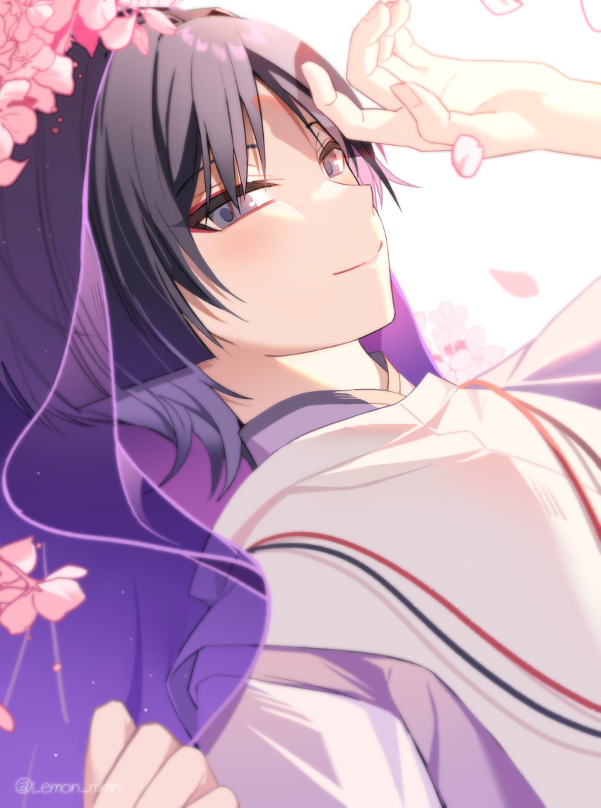 1boy artist_name black_hair blunt_ends cherry_blossoms closed_mouth detached_sleeves eyeshadow fingernails flower genshin_impact hands_up highres lemon_mmn long_sleeves looking_at_viewer lying makeup male_focus official_alternate_costume on_back parted_bangs petals pink_flower purple_shirt red_eyeshadow scaramouche_(genshin_impact) shirt short_hair simple_background smile solo veil vest violet_eyes wanderer_(genshin_impact) white_background white_vest wide_sleeves