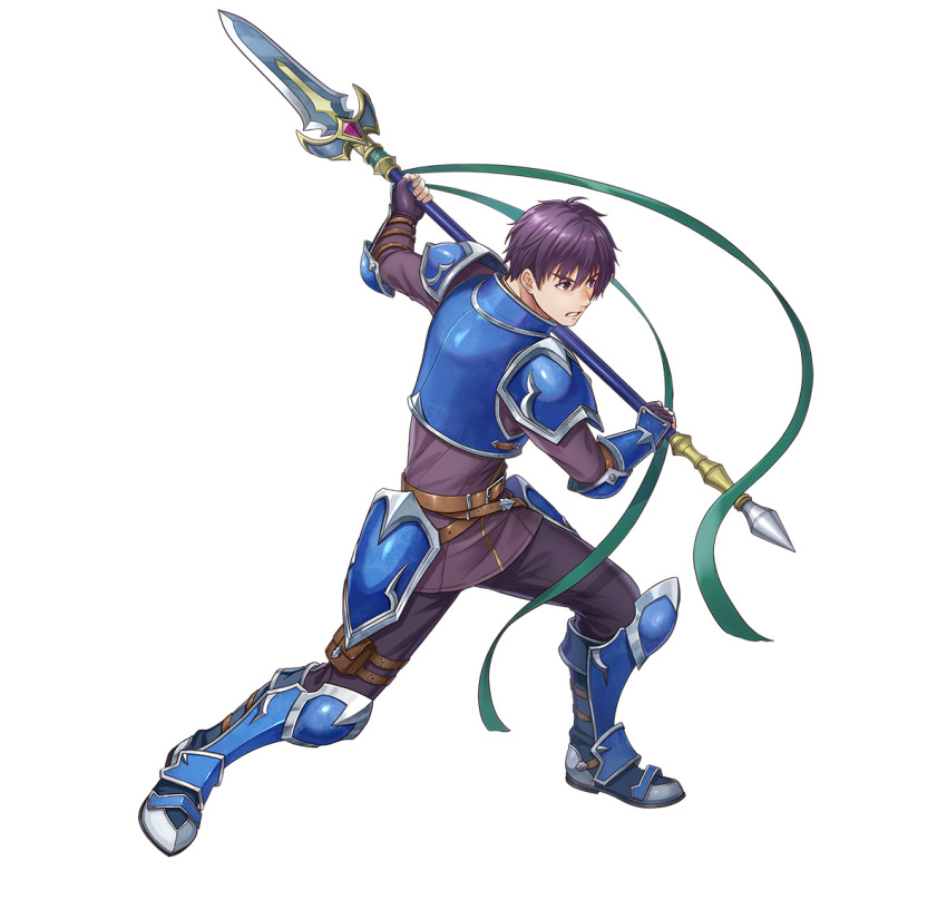 1boy angry armor blue_armor boots breastplate clenched_teeth fire_emblem fire_emblem:_the_binding_blade fire_emblem_heroes holding holding_polearm holding_weapon katze-reis-kuchen--nyankoromochi noah_(fire_emblem) official_art pauldrons polearm purple_hair short_hair shoulder_armor spear standing teeth violet_eyes weapon