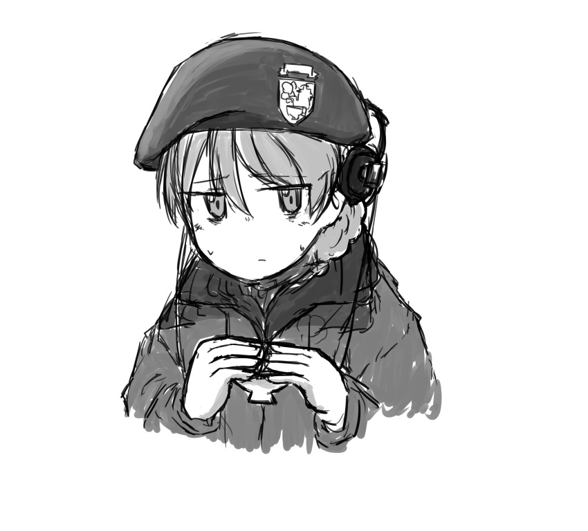 1girl absurdres alternate_costume beret braid coat collared_jacket cup darjeeling_(girls_und_panzer) emblem frown girls_und_panzer hair_between_eyes hat headphones headphones_over_headwear headset highres holding holding_cup layered_clothes looking_to_the_side military military_jacket monochrome panzermeyer1223 profile simple_background solo solo_focus st._gloriana's_(emblem) sweat sweatdrop teacup twin_braids uncomfortable white_background winter_clothes winter_coat world_war_ii