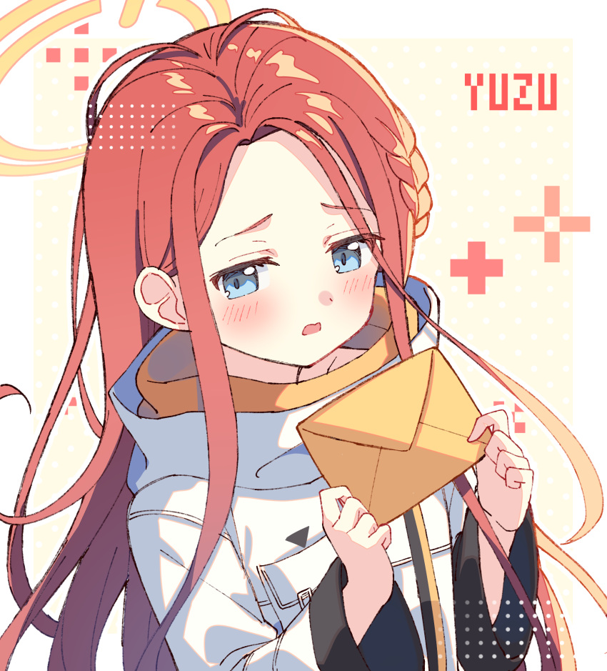 1girl averting_eyes blue_archive blue_eyes blush braid character_name collarbone commentary embarrassed envelope forehead from_side halo highres holding holding_envelope jacket long_hair long_sleeves looking_at_viewer open_mouth redhead sidelocks solo very_long_hair white_jacket wide_sleeves yuzu_(blue_archive) zoirun