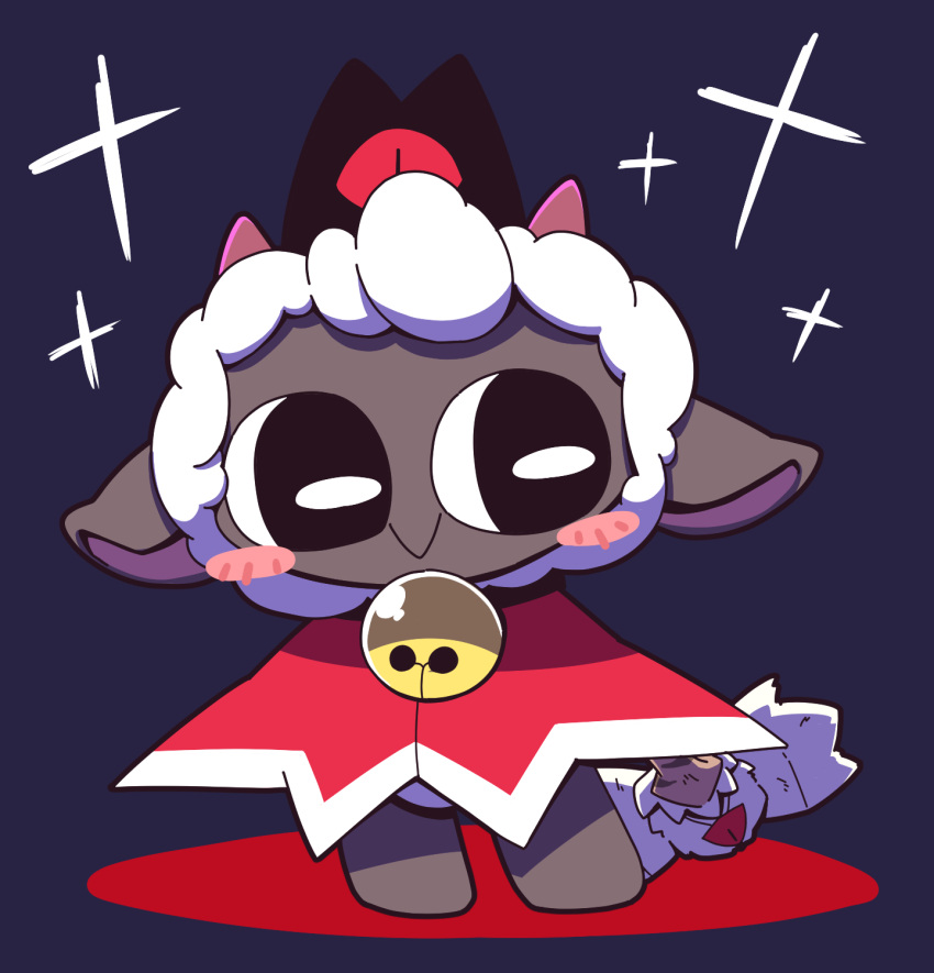 1boy bell blue_background blush_stickers cape cult_of_the_lamb furry furry_male highres horns lamb neck_bell nettsuu red_cape red_crown_(cult_of_the_lamb) sheep sheep_horns simple_background smile the_lamb_(cult_of_the_lamb) white_fur wool