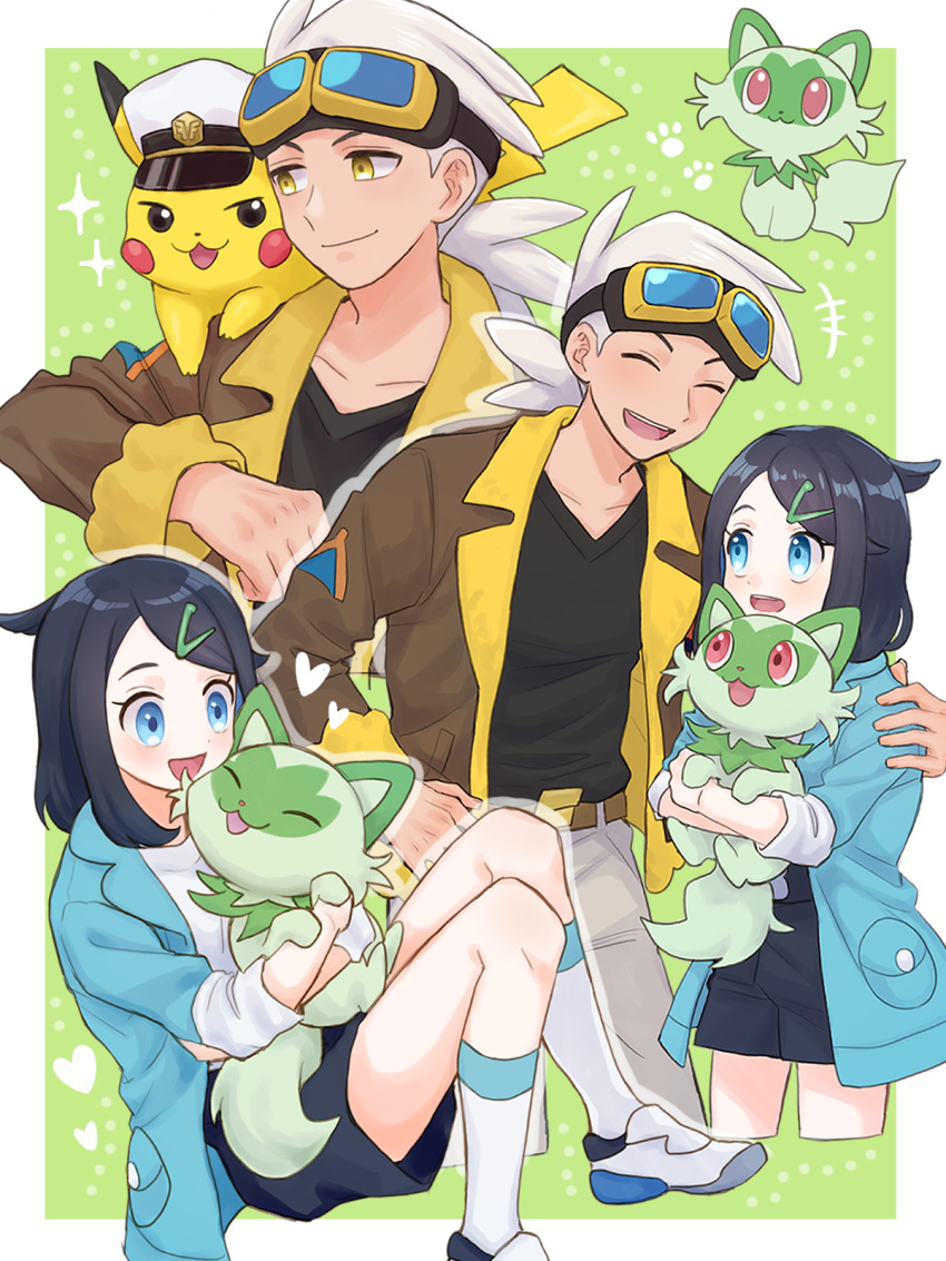 1boy 1girl :d belt belt_buckle black_hair black_shirt black_shorts border brown_belt brown_jacket buckle captain_pikachu commentary_request friede_(pokemon) goggles goggles_on_head green_background hair_ornament hairclip heart highres holding holding_pokemon jacket knees liko_(pokemon) mochi_(mocchi_p_2m) open_mouth pants pikachu pokemon pokemon_(anime) pokemon_(creature) pokemon_horizons shirt shoes shorts smile socks sparkle sprigatito white_border white_footwear white_hair white_socks yellow_eyes