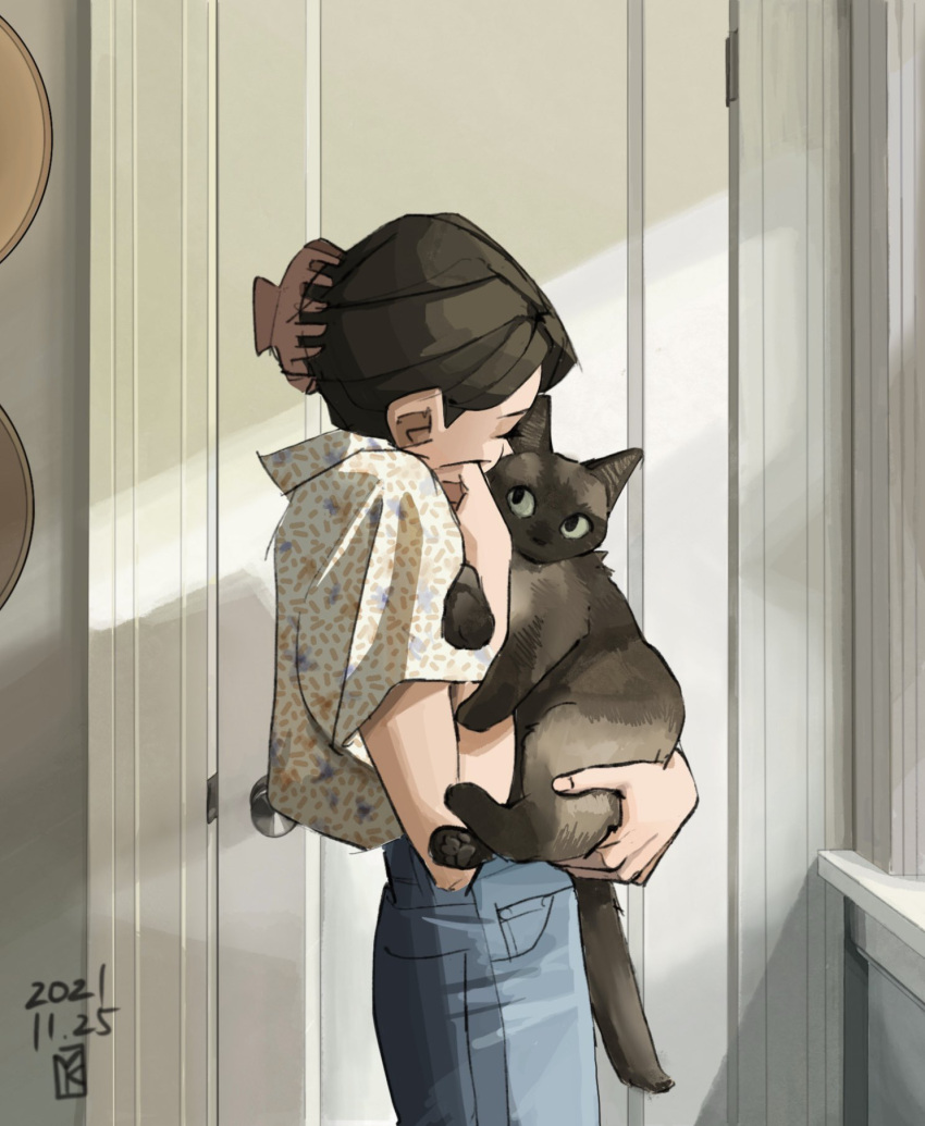 1girl animal black_hair blue_pants cat claw_hair_clip closed_eyes commentary dated denim door from_side hair_ornament hairclip highres holding holding_animal holding_cat jeans kimura_731 original pants shirt_tucked_in signature