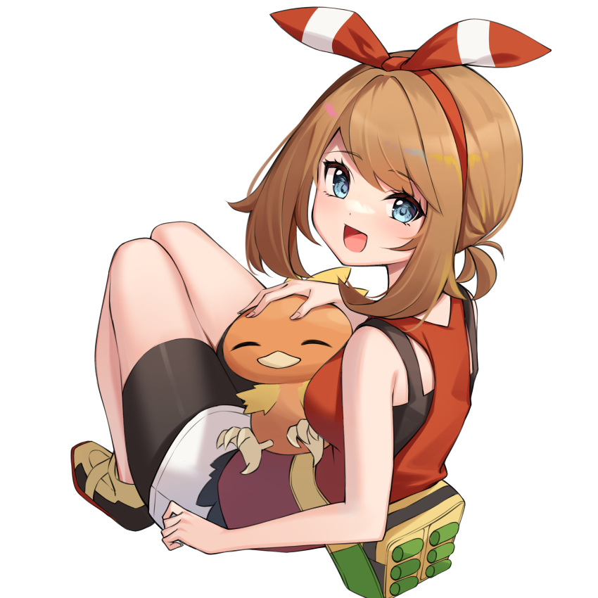 1girl absurdres blue_eyes bow_hairband brown_hair fanny_pack hairband headpat highres looking_at_viewer may_(pokemon) medium_hair on_lap pokemon pokemon_(creature) pokemon_(game) pokemon_on_lap pokemon_oras red_hairband red_shirt shirt simple_background sleeveless sleeveless_shirt smile tank_top torchic white_background ziro_(zirorong)